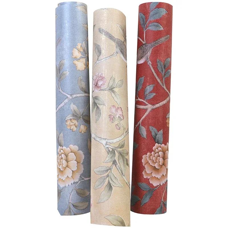 Chinese Style Floral Wallpaper Classical Pastoral Flowers Birds Wall Paper Red Yellow Blue Chinoiserie Retro Girls Bedroom