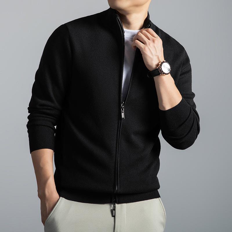 Men's 48-Count Double-Strand Wool Silk 16-Gauge Zipper Sweater Coat, Warm Thickened Knit Cardigan for Autumn/Winter