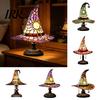 Low Energy Desk Lamp Stained Glass Style Witch Hat Lamp, USB Powered Resin Wizard Night Light Retro Gothic with Sun Star, Halloween Table for Bedroom