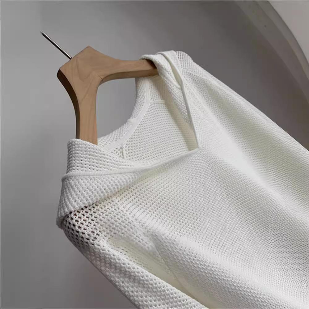 Women's Spring/Summer Solid Color Openwork Hooded Sweatshirt-Style Knit Cardigan