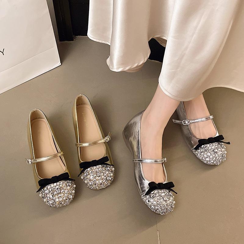 Silver single shoes women's summer new rhinestone retro shallow mouth flat bottom inner height increase Mary Jane small leather shoes