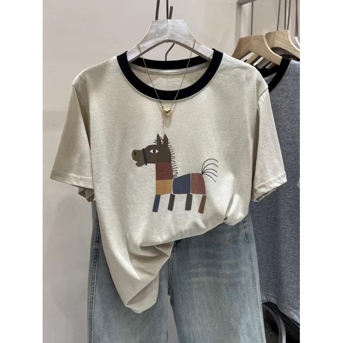

Цветная футболка для женщин большого размера, летняя, повседневная, свободная, с принтом лошади, хлопковая M up to 110 Jin хаки