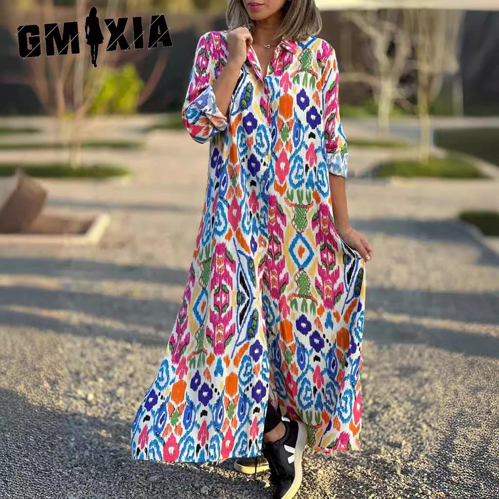 GMXIA Plus Size Women's Elegant Long Sleeve Printed Shirt Dress Skirt Dresses