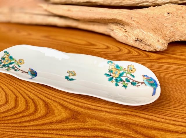 Hyakukaen Kutani [Grilled Fish Plate, Porcelain] Gold Plum Blossom and Bird Design [Back Picture]