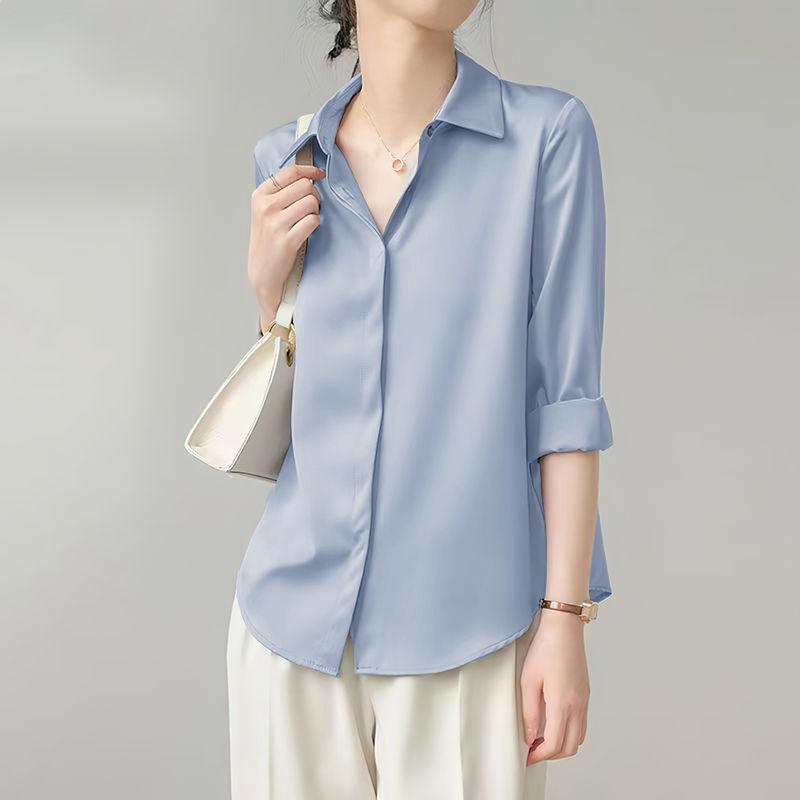 Spring Korean-style Pure Color Loose Satin Long Sleeve Shirt Women