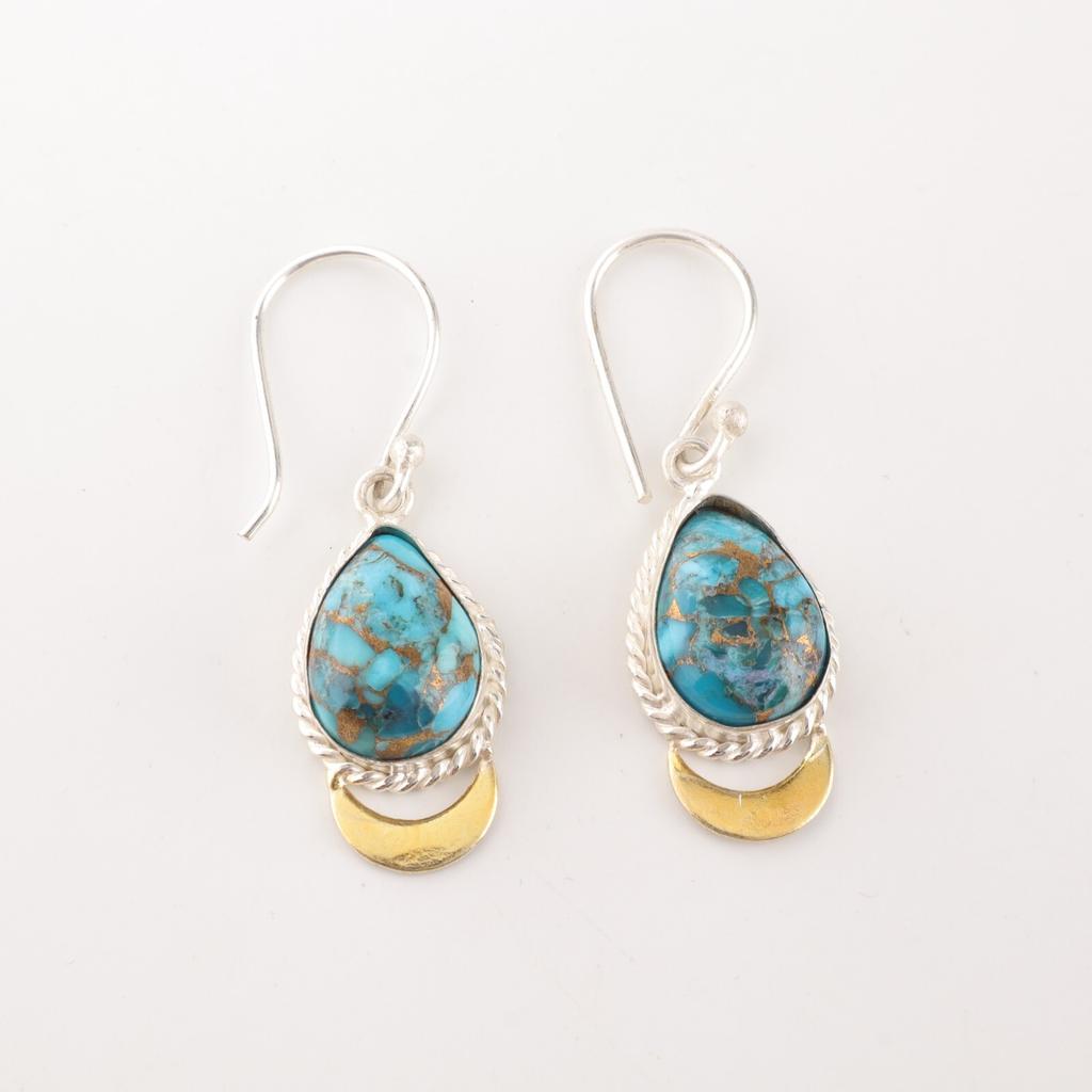 Blue Copper Turquoise Gemstone 925 Stamped Silver Handmade Jewelry Hook Earrings EE-162-42