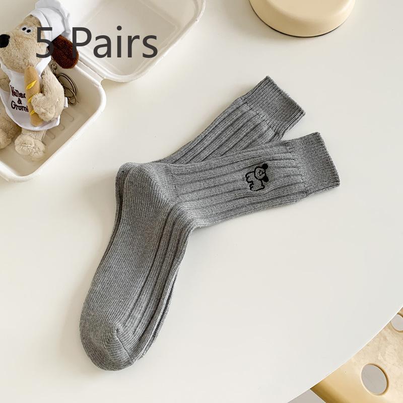 5 Pairs of Female Spring and Autumn Embroidery Puppy Vertical Stripes In Tube Pile Socks