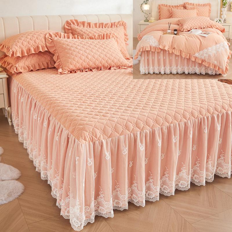 Colcha de renda estilo princesa, quatro estações, peça única, grossa, acolchoada, lavável, antiderrapante