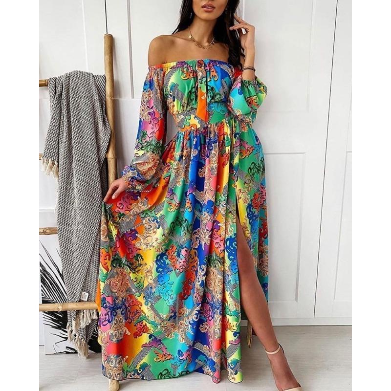 

Suer evening dress printed dress one-word shoulder pullover retro long-sleeved big swing split dress S