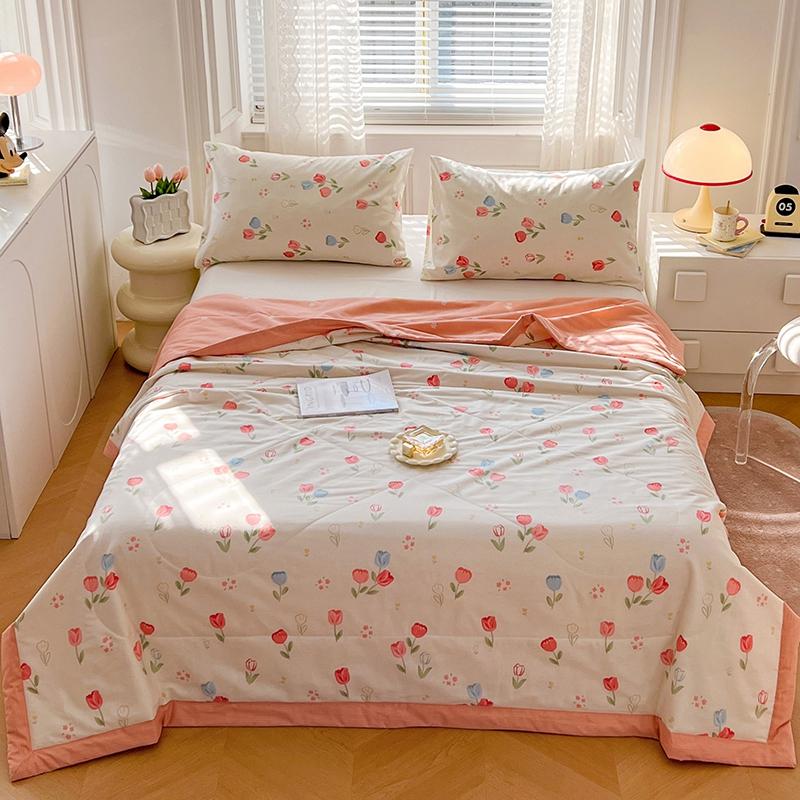 Fresh White Flowers 100% Cotton Quilted Quilt Summer Skin-friendly Comfortable Air Conditioning Quilt for Kids Teens Adults
