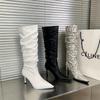 Summer 2025 New High-heeled Snake Pattern Pleated Stacking Boots Pointed Thin High-heeled Boots High Boots But Knee Boots