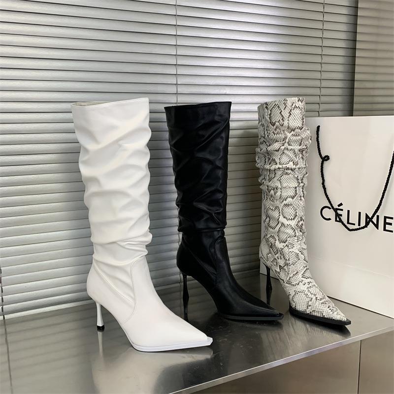 Summer 2025 New High-heeled Snake Pattern Pleated Stacking Boots Pointed Thin High-heeled Boots High Boots But Knee Boots