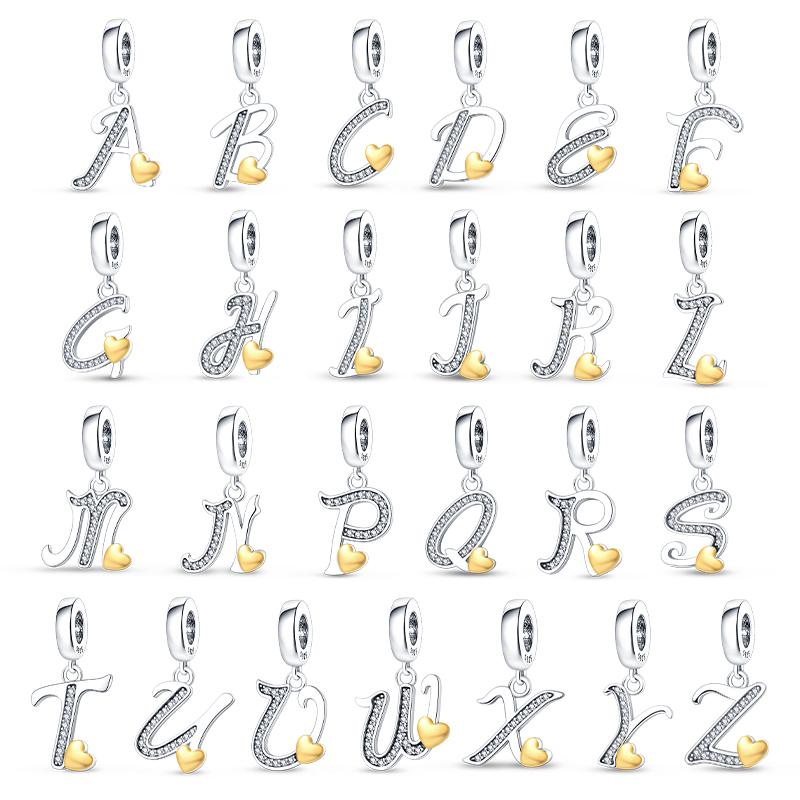 Fit 3mm 925 Bracelets 925 Silver Color 26 Gold Heart Zircon Letter Charms Beads DIY Creative Birthday Jewelry Gifts