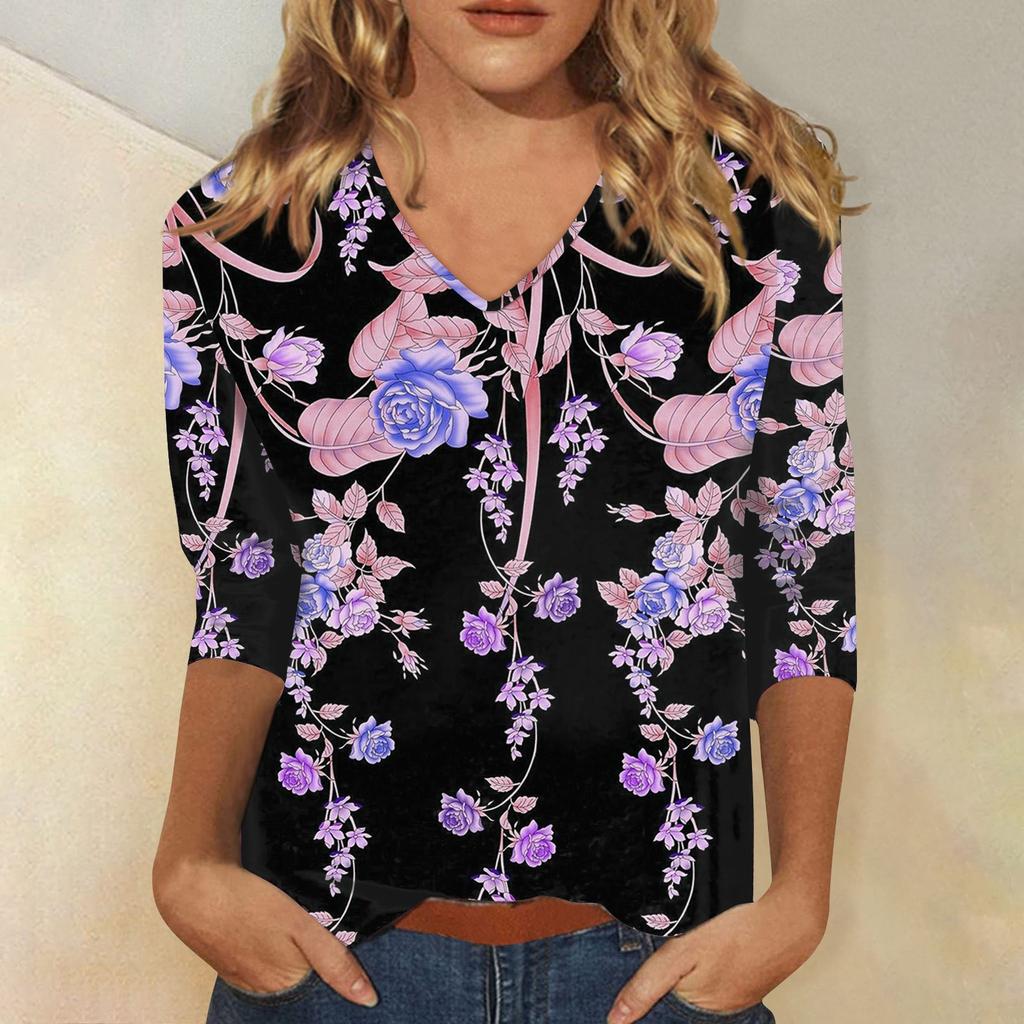 3/4 Sleeve Shirts For Women Cute Print Graphic Tees Blouses Casual Plus Size Basic Button Tops Pullover