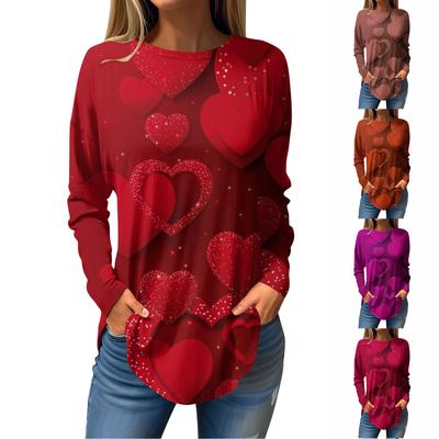 Women's Loose Fit Pullover Long Sleeve T Shirt Crew Neck Casual Top with Heart Print for Everyday Wear and Seasonal Outfits