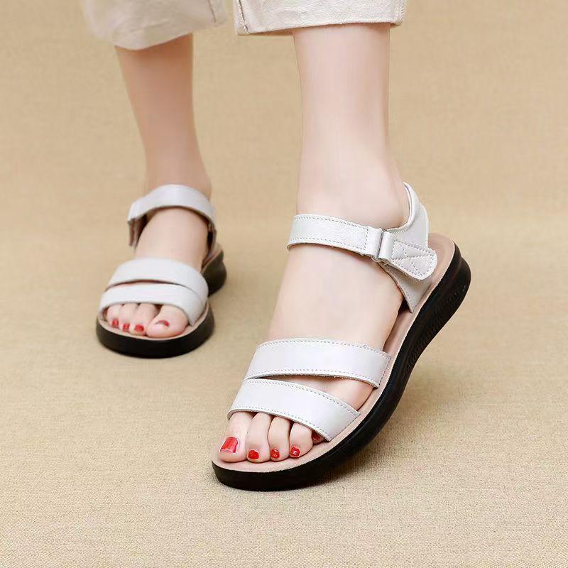 Women's Summer New Leather Open Toe Flat Sole Sandals Soft Sole Non Slip Lightweight Velcro Middle Aged And Elderly Sandals