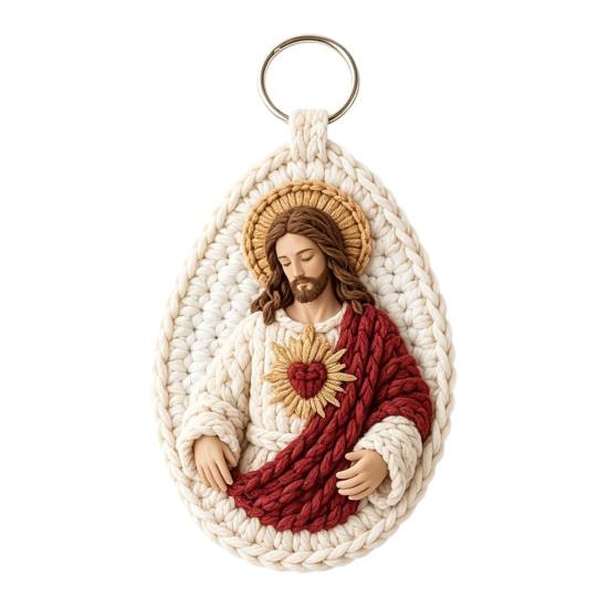 Spirituelles Geschenk für Männer Handgehäkelt Marianischer Schlüsselanhänger, Religiöser Jungfrau Maria Anhänger mit Handgefertigtem Blau Weißem Garn Katholisch Christlich Inspirierend A beige