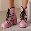 Glänzendes Lackleder Splicing Mesh Runde Zehenpartie Plateau Super Dicker Absatz Bonbonfarbene Kurze Stiefel Atmungsaktives Innenmaterial Schnürstiefel