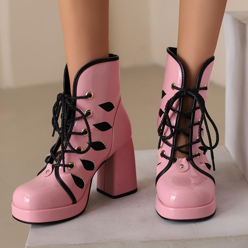 Glänzendes Lackleder Splicing Mesh Runde Zehenpartie Plateau Super Dicker Absatz Bonbonfarbene Kurze Stiefel Atmungsaktives Innenmaterial Schnürstiefel