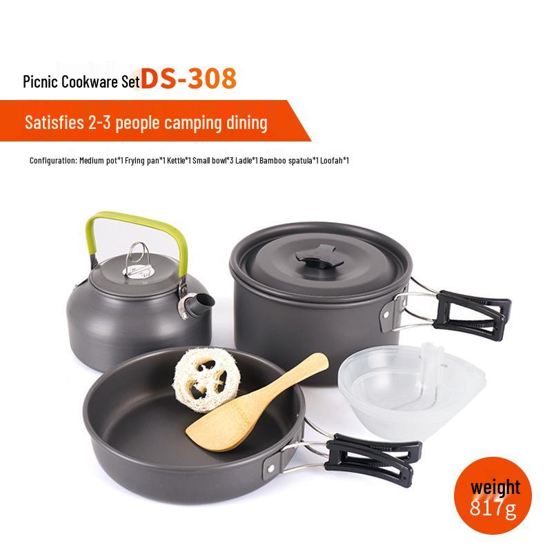 3-4 Person Portable Outdoor Cookware Set: Kettle, Pot & Teapot for Camping, Mountaineering, and Picnics (DS308)