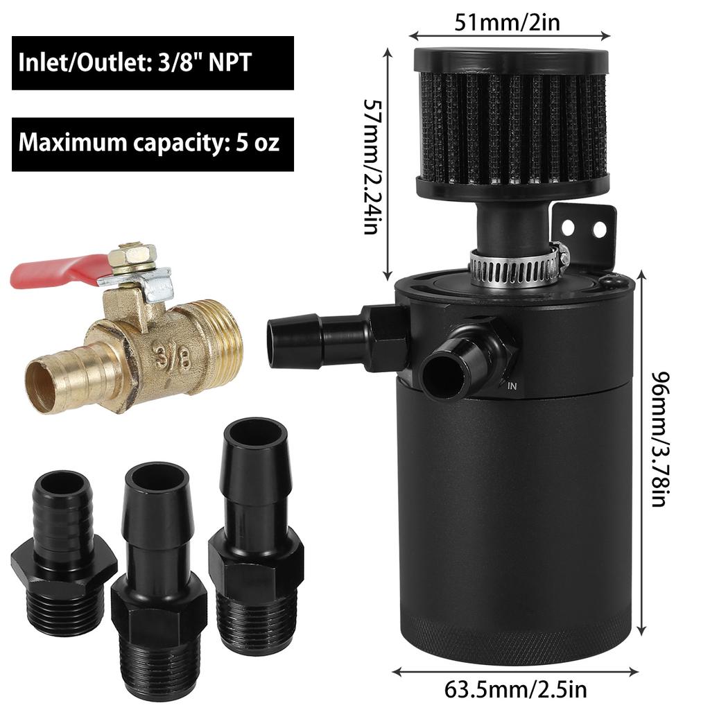 Oil Separator Catch Can Tank Kit with 2 Ports 150ml Aluminum Oil Reservoir Tank Drain Valve Filter 3/8inch NPT Fuel Line
