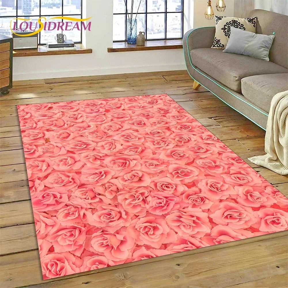 Rose Flowers Nordic Love Romantic Carpet Rug for Bedroom Living Room Home Sofa Decoration,Children Game Large Decor Floor Mat