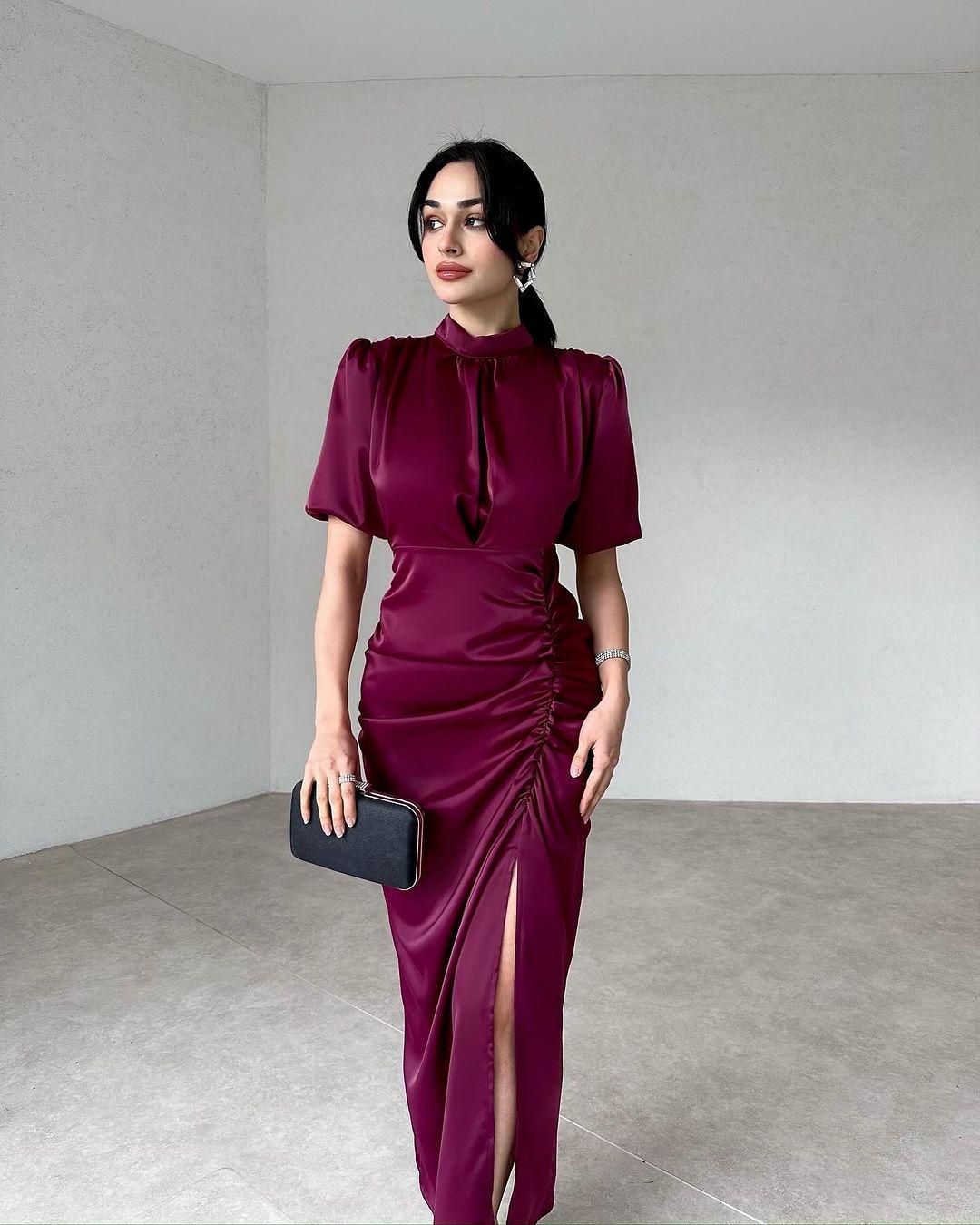 

Летнее европейско-американское длинное платье с драпировкой на талии, разрезом и облегающего кроя S