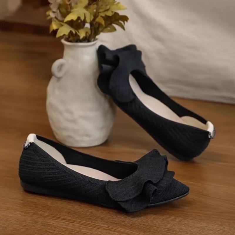 Comfortable Pointed-Toe Knit Brand Low-Heel Pumps for Women Fashion Pleated Design Flats Elegant Commuter Soft-Sole Office Shoes