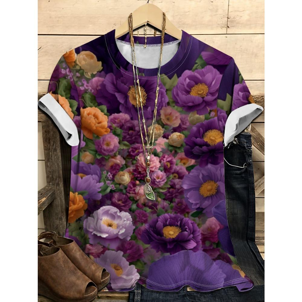 Colorful Landscape and Flower Pattern 3D Digital Printing Women's Trendy Round Neck Short Sleeve T-shirt