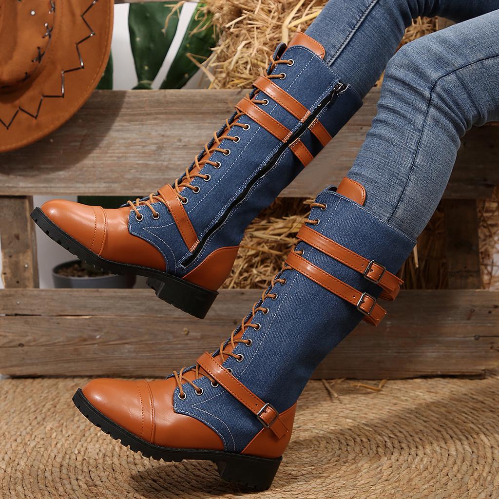 Chunky Harness Combat Boots for Women,Wide Calf Round Toe Lace Up Leather Mid Heel Boots for Fall