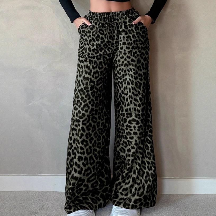 Women Leopard Print Wide Leg Pants Elastic Drawstring Waist Loose Casual Trousers Street Fashion Palazzo Pants Fall Daily Wear Pants