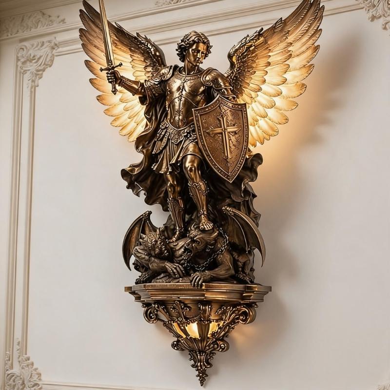 Archangel Wall Sconce Resin Religious Decor Light With Bronze Style Finish and Backlit Detail for Bedroom, Prayer Corner and Hallway Display