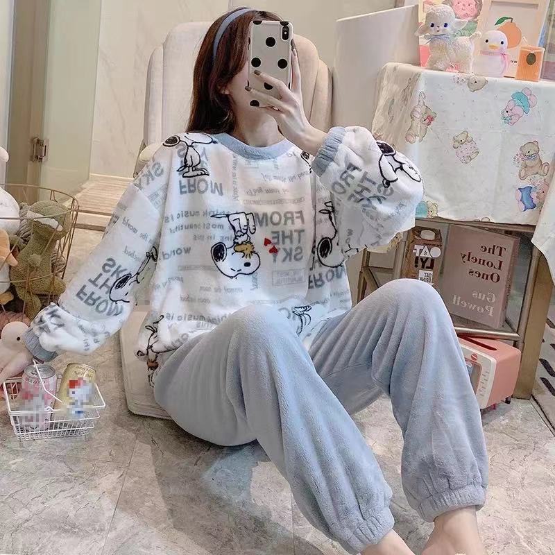 Pajamas Women Winter Flannel Korean Version of The Long-sleeved Thickened Plus Velvet Coral Fleece Cute Autumn and Winter Home Service Suit Women
