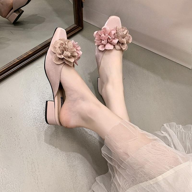 Flower High Heeled Sandals Designer Women Slippers Mules Shoes Elegant Square Toe Summer 2026 Dress Pumps Trend Chunky Mujer