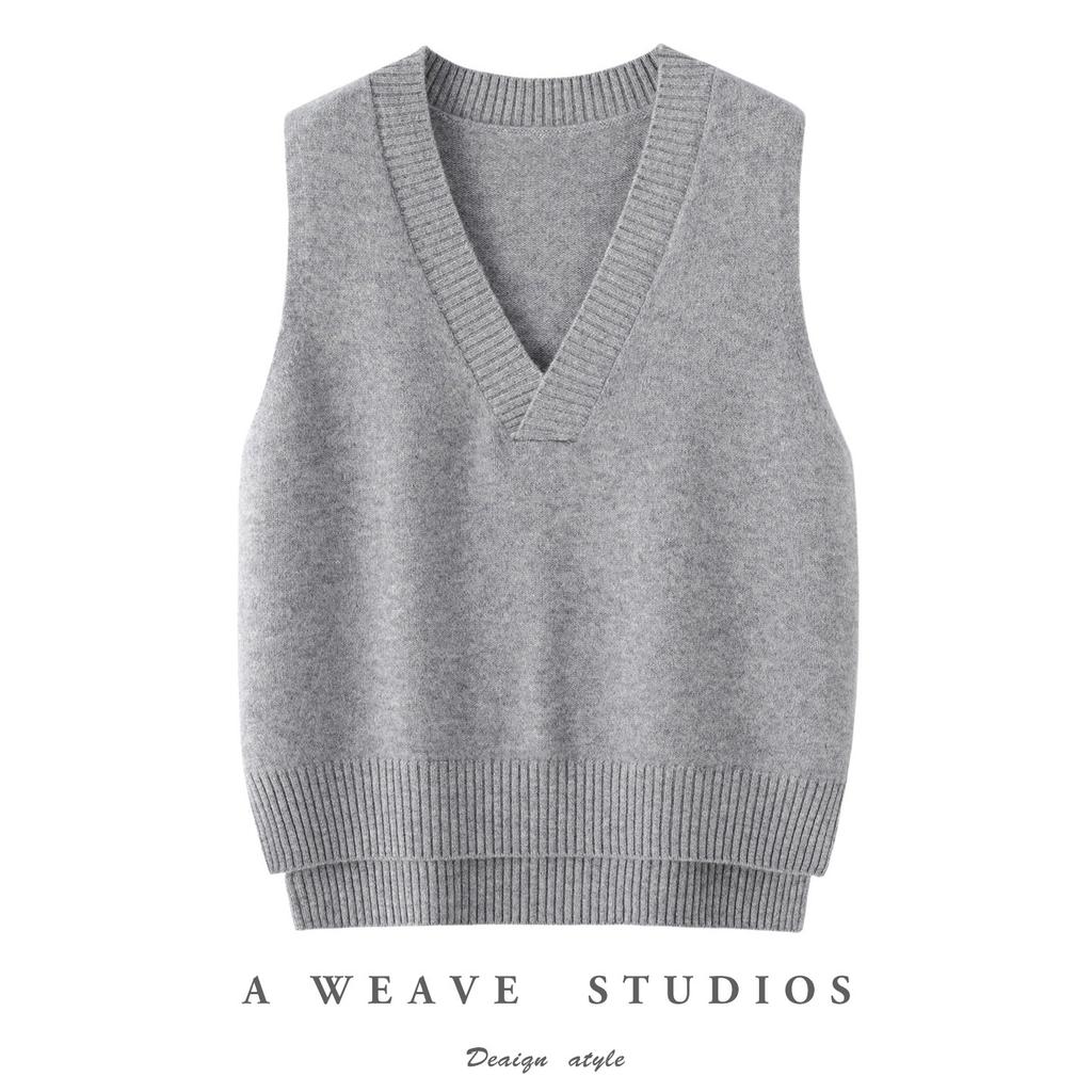 Spring, autumn and winter ins simple V-neck retro pure wool vest knitted women's pullover loose and thin sleeveless vest top