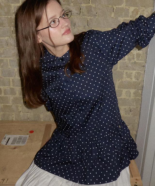 RONRON Polka Peplum Blouse Dot Navy