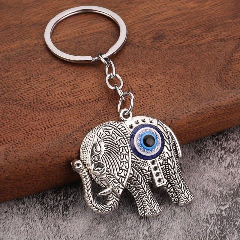 Bonne Chance Nazar Oeil Bleu Porte-clés Argenté Vintage Hibou Éléphant Main de Fatima Pendentif Porte-clés Talisman Bijoux Cadeau Pour Hommes Femmes