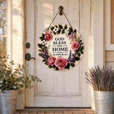 God Bless This Home Wooden Door Sign, Round Floral Wall Decor, Christian Faith Blessing Plaque, Warm Welcome Porch Hanging, Meaningful Housewarming