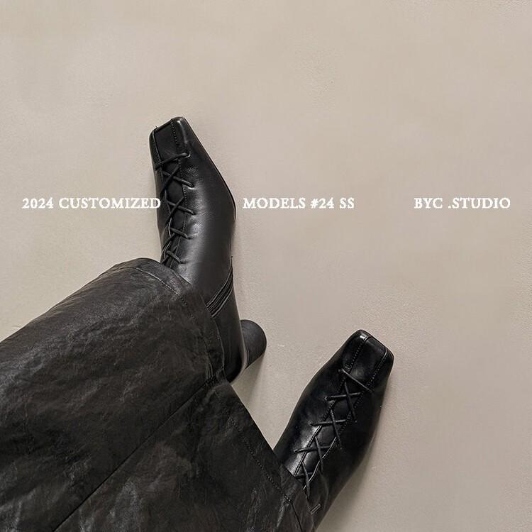 Full Leather French Niche Design Square Head Leather Shoes 2025 New Thick Heel Lace-up Single Shoes Women's High Heel European Goods Women