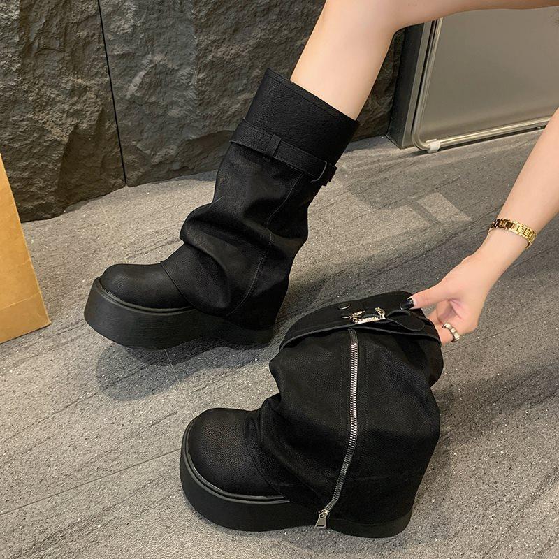 Long boots, high boots, small men, spring and autumn heightening trousers, stacking new muffin boots, thick-soled folds, retro