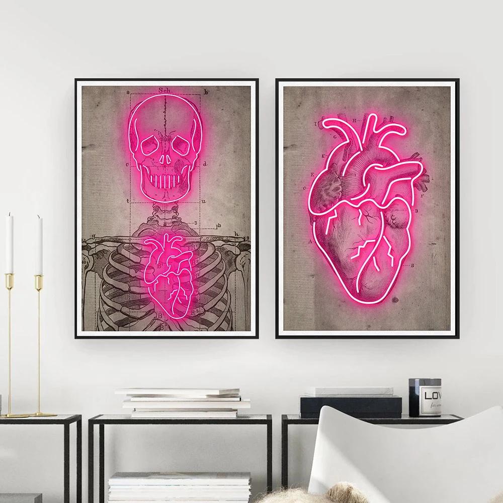 Neon Skeleton Plakát Severský Vintage Obraz Srdce Hlava Nástěnná malba Obrazy Nástěnná malba Pro obývací pokoj Bar Domácí dekorace