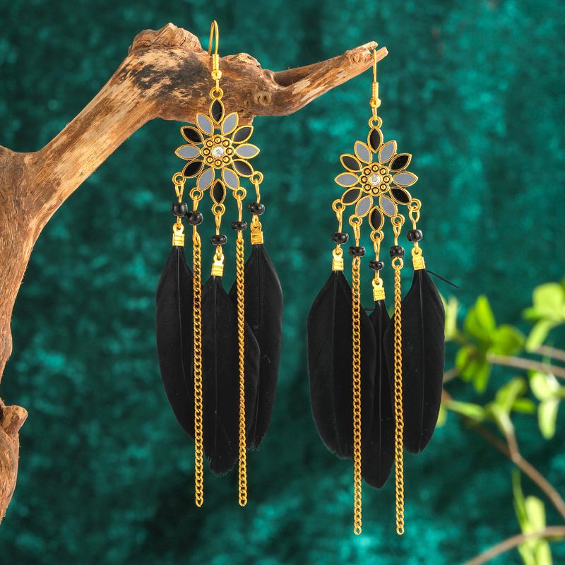 Bohemian Long Sun Flower Feather Earrings for Women Trendy Ethnic Retro Gold Color Chain Tassel Earring Wedding Vacation Jewelry