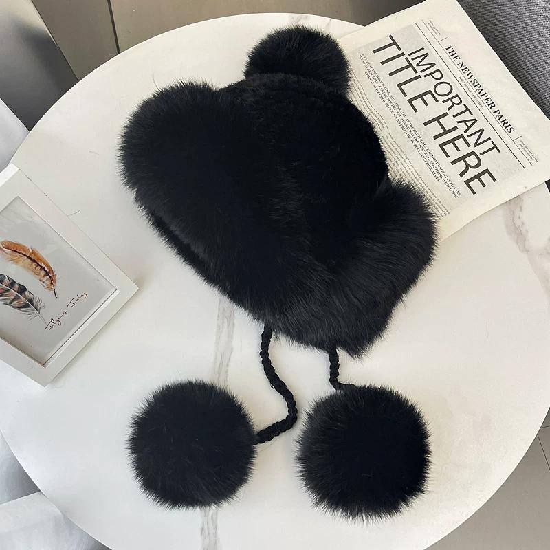 

Mink Hair Lei Feng Hat Women s Autumn and Winter Warm Ear Protection Ski Fur Hat Northeast Fox Rough Edge Ball Snow Hat One size slightly elastic чёрный