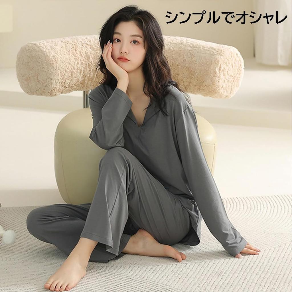 IDOWELL Long Sleeve Pajama Set with Modal Long Home Wear Size Women's Cups, Cotton, Loungewear, Pants, Soft, Spring, Summer, Autumn, (Gray, L)