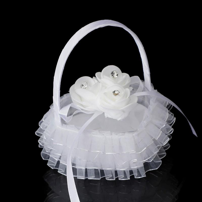WTEMPO Elegant Wedding White Flowers Baskets Lace-trimmed Wedding Baskets Hand-held Flower-scattering Large Fake Flowers Decor Small Baskets