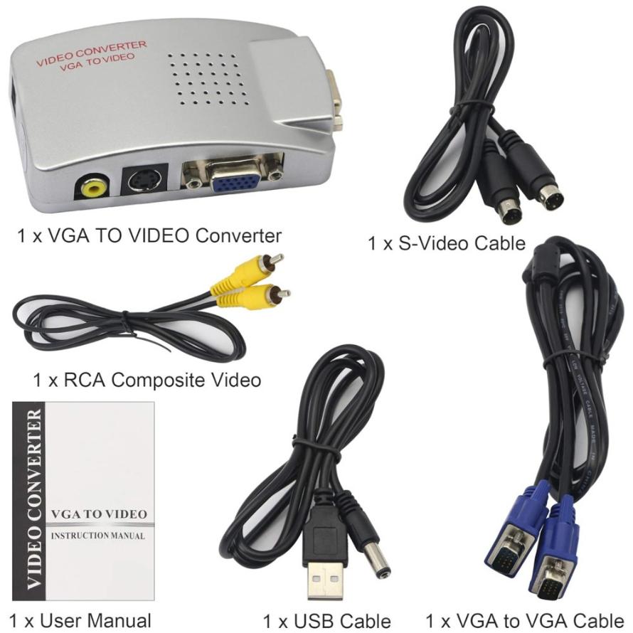 

VGA to RCA Adapter Composite VGA Input to AV / S-Video / VGA Output Converter for PC Laptop DVD DVR VCR HDTV Monitor Projector VGA to AV