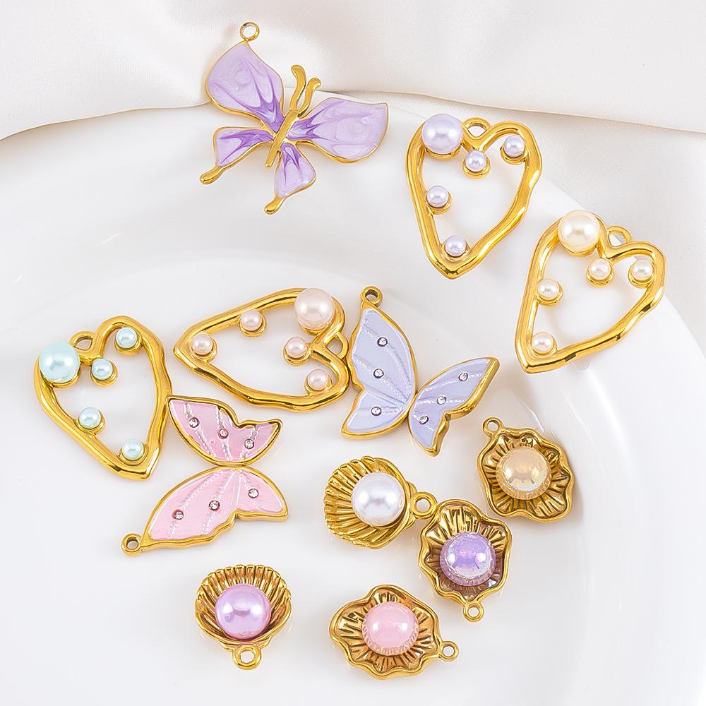 2pcs Stainless Steel Enamel Butterfly Pendants Crystal Bead Imitation Pearl Shell Heart Charm DIY Trendy Necklace Jewelry Making