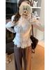 Autumn V-neck Ruffle Lace Patchwork Wool T-shirt for Women