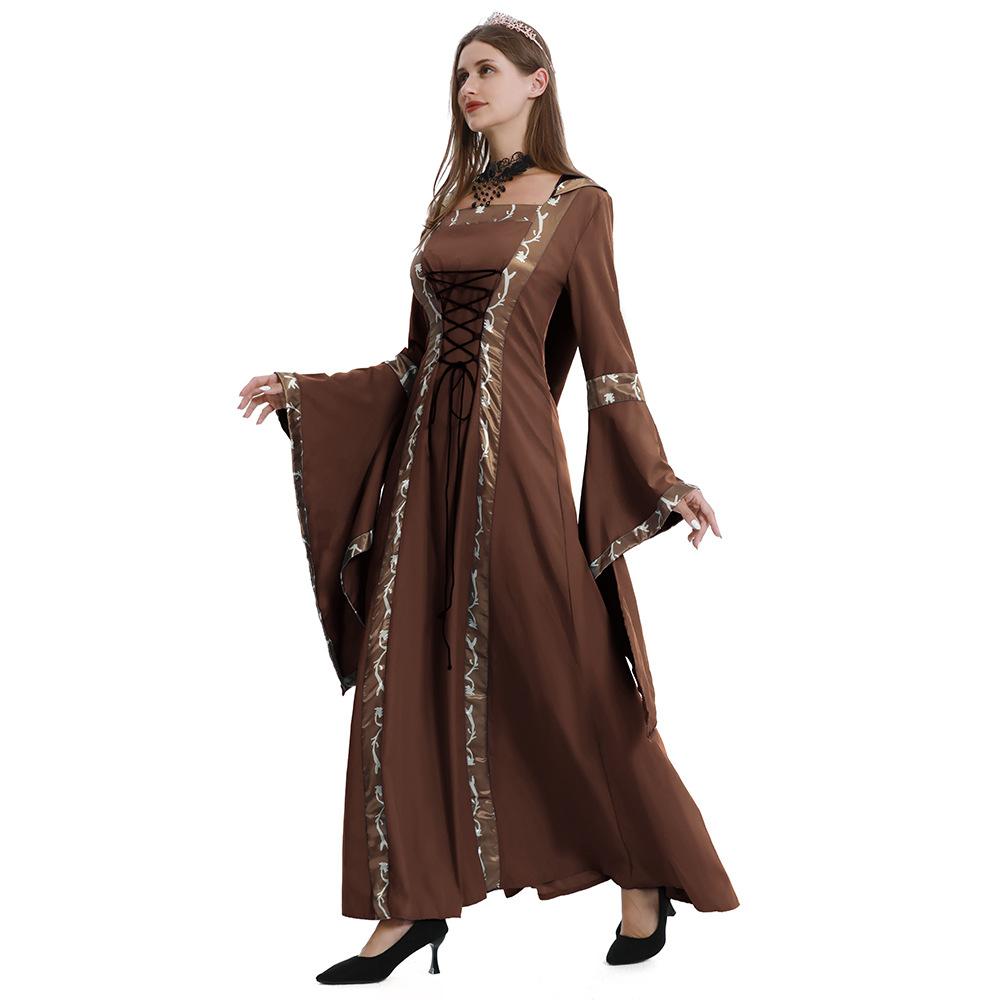 Women Vintage Medieval Court Style Square Neck Flared Sleeve Hooded Large Hem Dress