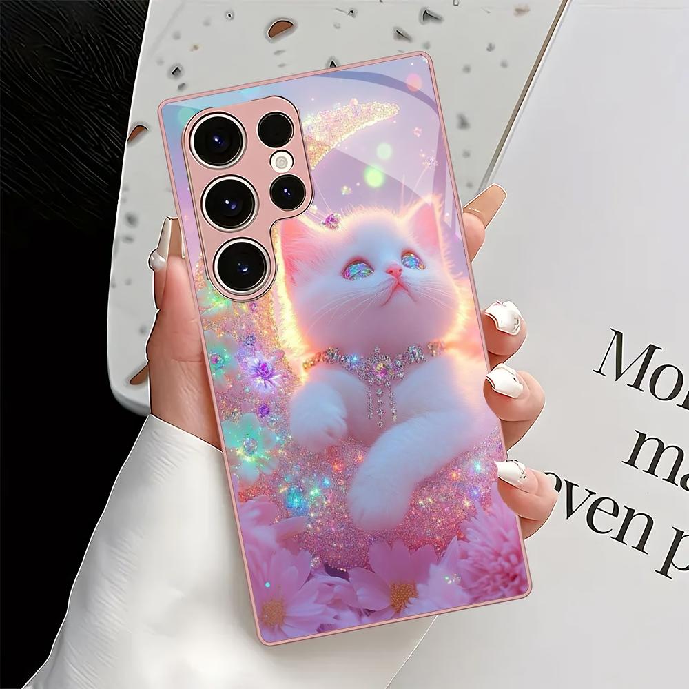 Cute cat pattern glass phone case suitable for Samsung Galaxy S26 S25 S24 S23 S22 S20 FE/Ultra/Plus shockproof back cover